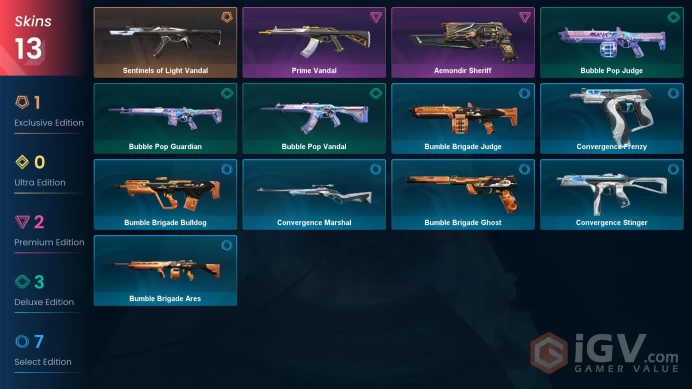 NA | 13 Skins | Gold | Level 48 | Sentinels of Light Vandal | Aemondir Sheriff | Prime Vandal | 1 Battlepass |