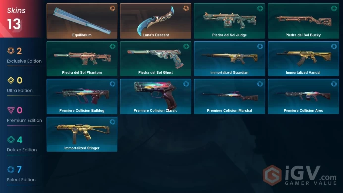 NA | 13 Skins | Gold | VP Value 7100 | Luna's Descent | Equilibrium | Level 42 | 1 Battlepass | 