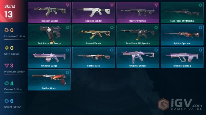 NA | 13 skins | Gold 2 | Level 44 | Neptune Vandal | Forsaken Vandal | Reaver Phantom | Sarmad Vandal | 1 Battlepass | Buddies 43 |