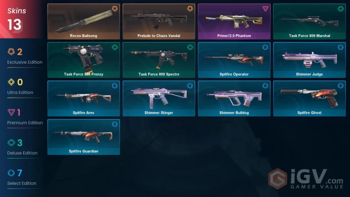 NA | 13 Skins | Platinum 1 | Level 27 | Recon Balisong | Prelude to Chaos Vandal | Prime//2.0 Phantom | 1 Battle passes |