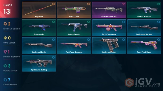 NA | 13 skins | 1 Battlepass | Gold 2 | Level 29 | Ruyi Staff | BlastX Odin | Forsaken Operator | Spellbound Marshal | Buddies 31 |
