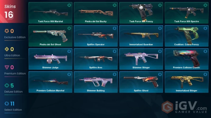 NA | 16 Skins | Platinum | 2 Battlepasses | Piedra del Sol Ghost | Shimmer Judge | Agent 12 | Buddies 45 | Full Access | Full Details Below!