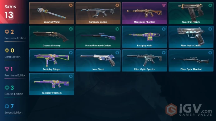 NA | 13 skins | 1 Battlepass  | Gold 2 | Snowfall Wand | Kuronami Vandal | Magepunk Phantom | Prism//Reloaded Outlaw | Buddies 20 |