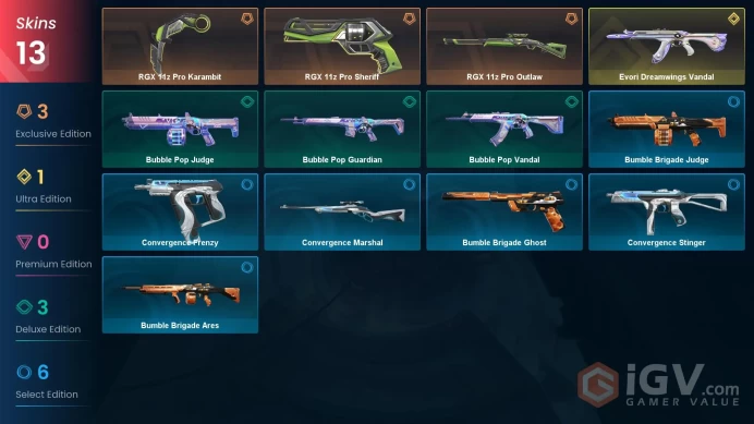 NA | 13 Skins | Ascendant | Battlepasses 1 | RGX 11z Pro Karambit | Evori Dreamwings Vandal | Agent 3 | Buddies 22 | Level 27 | 
