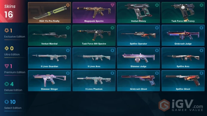 NA | 16 skins | Bronze 3 | Level 38 | VP Value: 8125 | RGX 11z Pro Firefly | Magepunk Spectre  | 1 Battlepasses Purchase | Full Details Below!