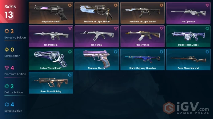 NA | 13 Skins | Gold | VP Value 14625 | Singularity Sheriff | Sentinels Light Sheriff | Sentinels Light Vandal | Level 42 | 1 Battlepass |
