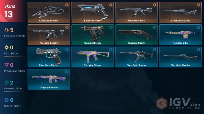 NA | 13 Skins | Kuronami Bundle | Silver 2 | Level 31 | Value VP 15850 | Tactiplay Odin | Tactiplay Stinger | Battlepasses 1 | Buddies 28 |