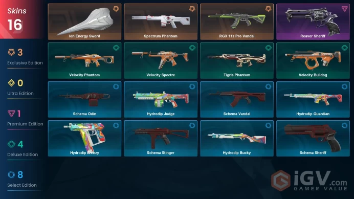 NA | 16 Skins | Platinum | 1 Battlepasses | Ion Energy Sword | RGX 11z Pro Vandal | Reaver Sheriff | Full Access | Full Details Below!