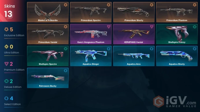 NA | 13 skins | 1 Battlepass | Primordium Bundle | Gold 2 | Blades of Primordia | Gaia's Vengeance Phantom | XERØFANG Vandal | Buddies 22 |