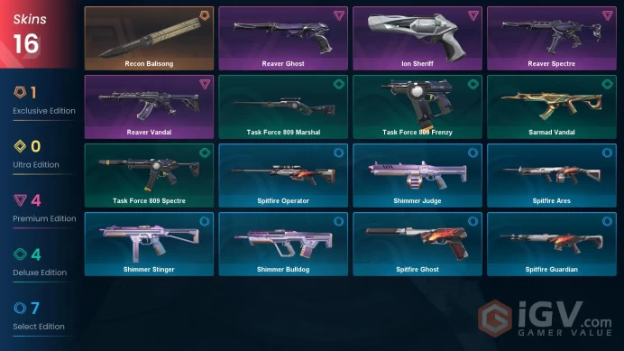 NA | 16 Skins | Silver 3 | Level 35 | Value VP 12925 | Recon Balisong | Ion Sheriff | Reaver Spectre | Battlepasses 1 | Full Details Below!