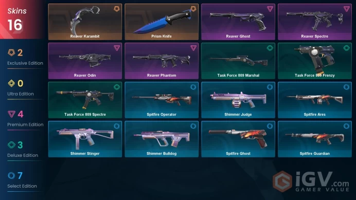 NA | 16 Skins | VP Value 15000 | Reaver Bundle | Prism Knife | Level 36 | 1 Battlepass | Full Access | Full Details Below!