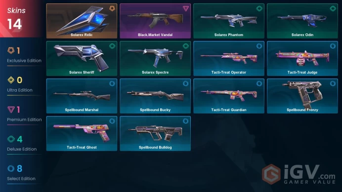 NA | 14 Skins | Silver | VP Value 2775 | Solarex Relic | Black.Market Vandal | Solarex Phantom | Level 44 | 1 Battlepass |