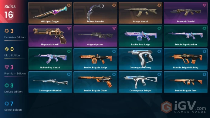 NA | 16 Skins | Silver 2 | Value VP 17200 | Reaver Karambit | Glitchpop Dagger | Araxys Vandal | Battlepasses 1 | Full Details Below!