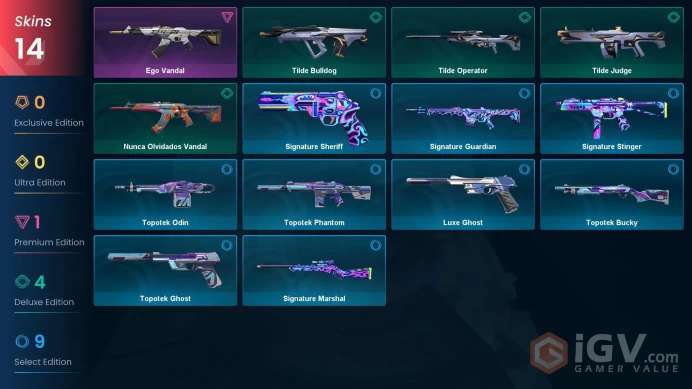 NA | 14 skins | Diamond 1 | Level 36 | Ego Vandal | Nunca Olvidados Vanda | Luxe Ghost | Agent 3 | 1 Battlepasses Purchase | Buddies 36 | 