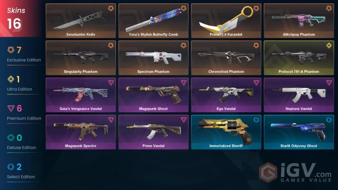 NA | 16 Skins | Platinum | VP Value 32975 | Xenohunter Knife | Prime//2.0 Karambit | Spectrum Phantom | Full Access | Full Details Below!