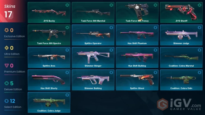 NA | 17 Skins | Silver 3 | Value VP 2000 | Hue Shift Phantom | Spitfire Operator | Coalition: Cobra Odin | Battlepasses 2 | Full Details Below!