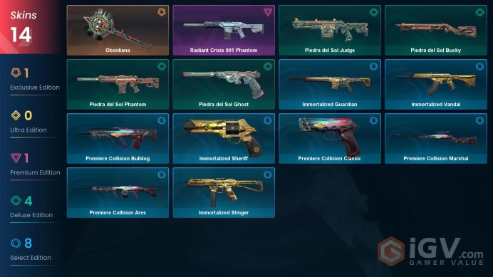 NA | 14 Skins | Platinum | Level 37 | VP 2775 | 34 Buddies | 8 Agent | Radiant Crisis 001 Phantom | 1 Battlepasses |