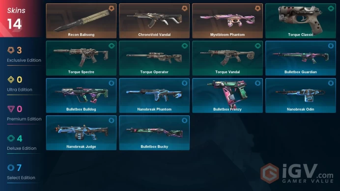 NA | 14 Skins | Silver | VP Value 8900 | Recon Balisong | ChronoVoid Vandal | Mystbloom Phantom | 1 Battlepass | Full Access | Details Below!