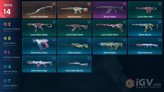 NA | 14 Skins| Bronze| Battlepasses 1| Forsaken Ritual Blade | BlastX Phantom | Reaver Vandal | level 37 | Full Access | Full Details Below!