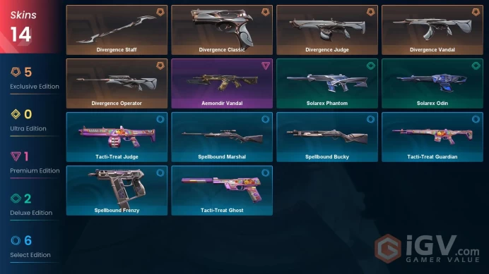 NA | 14 skins | 1 Battlepass | Divergence Bundle | Gold 2 | Level 33 | Divergence Staff | Aemondir Vandal | Solarex Phantom | Full Details Below