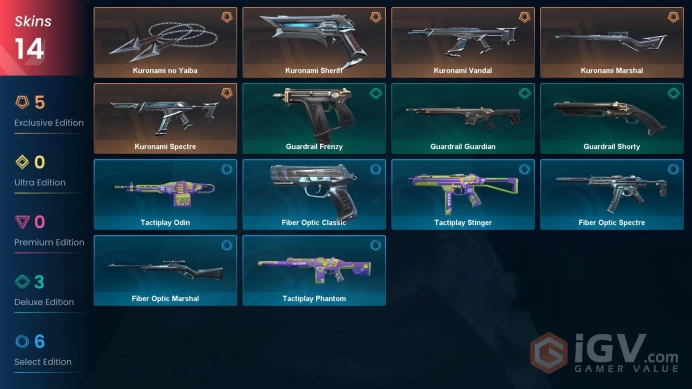 NA | 14 Skins | Kuronami Bundle | Silver 3 | Value VP 15850 | Guardrail Guardian | Tactiplay Stinger | Battlepasses 1 | Full Details Below!  