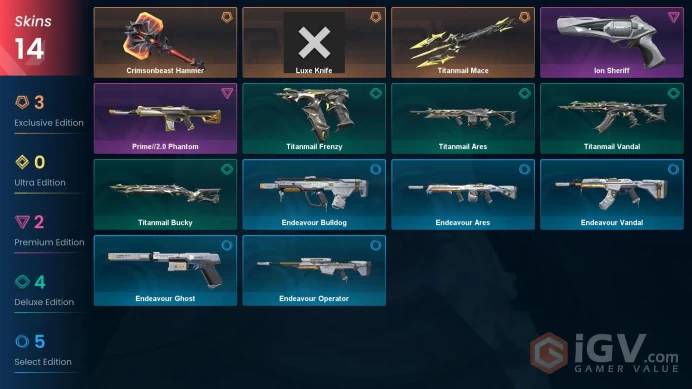 NA | 14 Skins | Platinum | Endeavour Bundle | Titanmail Bundle | Crimsonbeast Hammer | Luxe Knife | Level 47 | Full Access | Full Details Below!