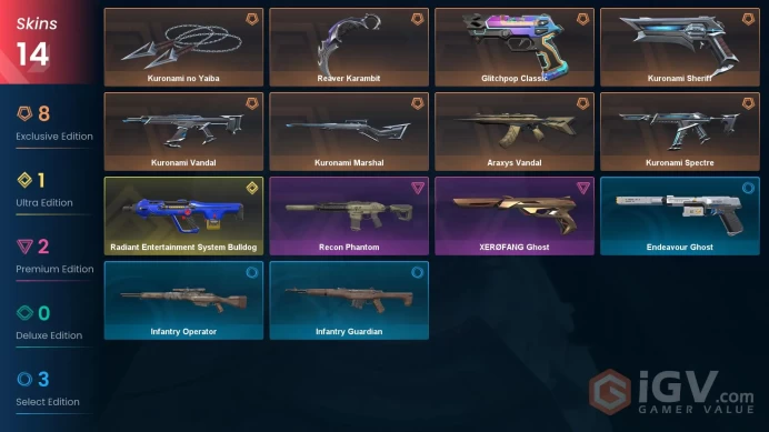 NA | 14 Skins| Bronze | Kuronami Bundle | Reaver Karambit | Araxys Vandal | level 27 | Full Access | Instant Delivery | Full Details Below!