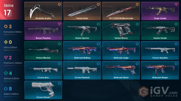 NA | 17 Skins | Platinum | 1 Battlepasses | VCT LOCK//IN Misericórdia | Soulstrife Scythe | Reaver Phantom | Origin Vandal | Full Details Below!