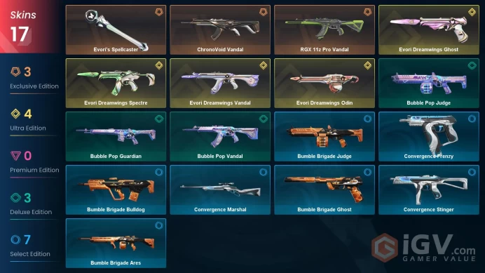 NA | 17 Skins | Gold | 1 Battlepasses | Evori Dreamwings Bundle | ChronoVoid Vandal | RGX 11z Pro Vandal | Full Access | Full Details Below!