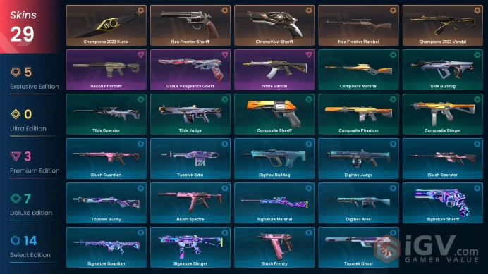 NA | 29 Skins | Platinum | 2 Battlepasses | Champions 2023 Bundle | Prime Vandal | ChronoVoid Sheriff | Level 62 | 