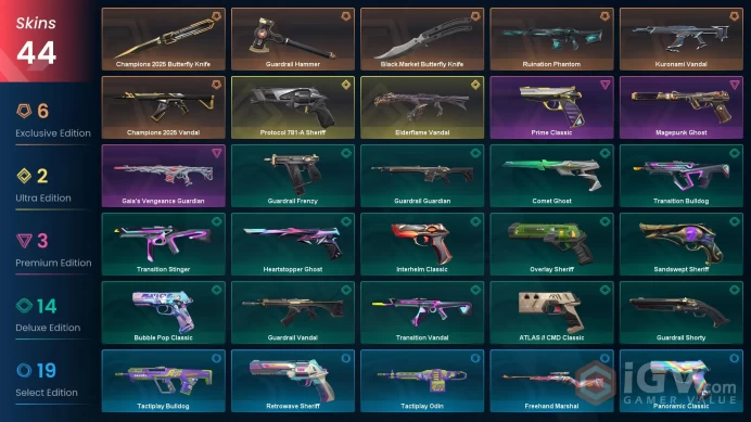 44 Skin // EU-TR // Kuronami + Elderflame + Champions + Ruination + Prime + Magepunk + Protocol + Gaia's + Black.Market // FULL Access // Gold 2