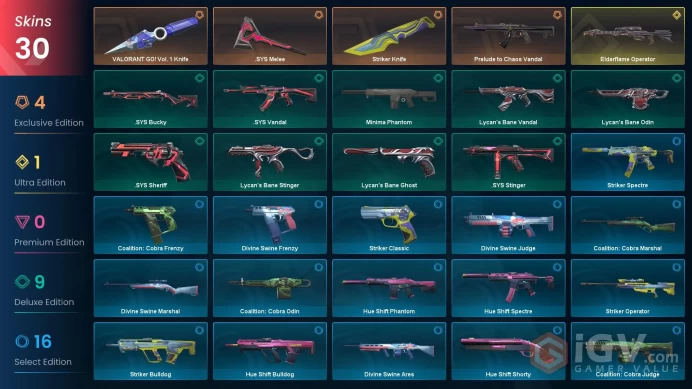 NA | 30 Skins | Diamond | Level 89 | VP Value 11475 | VALORANT GO Vol1 Knife | Prelude to Chaos Vandal | Elderflame Operator |