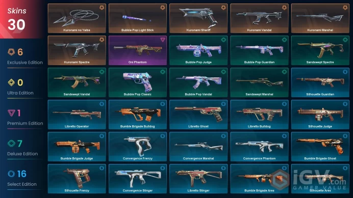 NA | 30 Skins | Gold | VP Value 18625 | Kuronami Bundle | Oni Phantom | Level 54 | 2 Battlepasses |