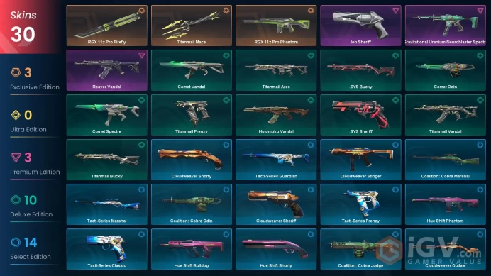 NA | 30 Skins | RGX 11z Pro Firefly | Titanmail Bundle | Silver 2 | Level 34 | Ion Sheriff | Reaver Vandal | Battlepass  2 | Buddies 39 | 