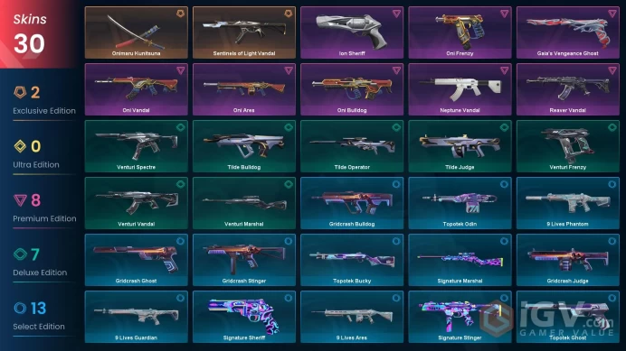 NA | 30 Skins | Platinum | VP Value 23725 | Oni Bundle | Sentinels of Light Vandal | Ion Sheriff | Level 55 | 2 Battlepasses | 