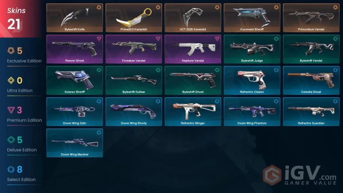 NA | 21 Skins | Diamond | VP Value 19775 | VCT 2025 Karambit | Prime//2.0 Karambit | Kuronami Sheriff | Full Access | Full Details Below!
