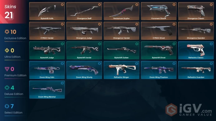 NA | 21 Skins | VP Value 26125 | Divergence Bundle | Nocturnum Scythe | Kuronami Sheriff | 1 Battlepass | Full Access | Full Details Below!