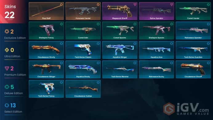 NA | 22 Skins | Gold | Level 50 | Ruyi Staff | Kuronami Vandal | Spline Operator | 2  Battlepass | Full Access |Full Details Below!