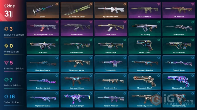 NA | 31 Skins | Silver 3 | Value VP 17900 | RGX 11z Pro Firefly | Spectrum Phantom | Recon Phantom | Battlepasses 2 | Buddies 72 | 