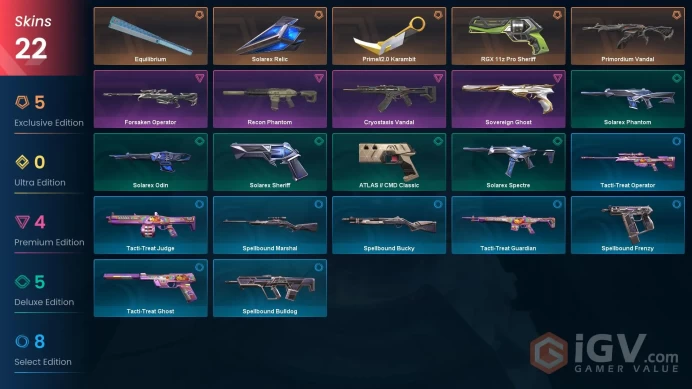 NA | 22 Skins | 1 Battlepasses | Prime//2.0 Karambit | Equilibrium | RGX 11z Pro Sheriff | Primordium Vandal | Full Access | Full Details Below!