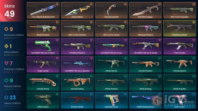 NA+49 skins+43000VP+Silver 2+Velocity Karambit+Outpost Melee+Elderflame Dagger+Yoru's Stylish Butterfly Comb+Elderflame Vandal/2.12.2