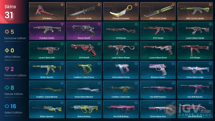 NA | 31 Skins | Platinum | VP Value 19175 | RGX 11z Pro Firefly | Prime//2.0 Karambit | Xenohunter Knife | Level 54 | 2 Battlepasses |