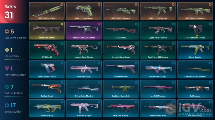 NA | 31 Skins | RGX 11z Pro Bundle | Elderflame Vandal | Radiant Crisis 001 Spectre | Araxys Vandal | Battlepasses 3 | Buddies 37 | 