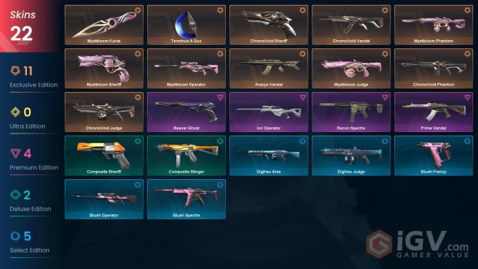 NA | 22 Skins | Gold | VP Value 36375 | ChronoVoid Bundle | Mystbloom Bundle | Level 50 | 1 Battlepass | Full Details Below!