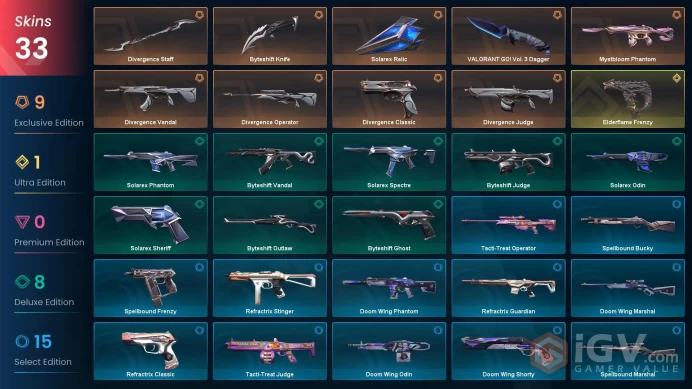 NA | 33 Skins | Level 53 | Divergence Bundle | VALORANT GO! Vol. 3 Dagger | Mystbloom Phantom | 2 Battlepass | 