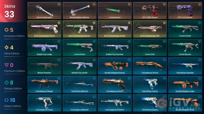 NA | 33 Skins | Evori Dreamwings Bundle | Value VP 26355 | Wonderstallion Hammer | VCT x EDG Classic | Battlepasses 2 | Buddies 64 
