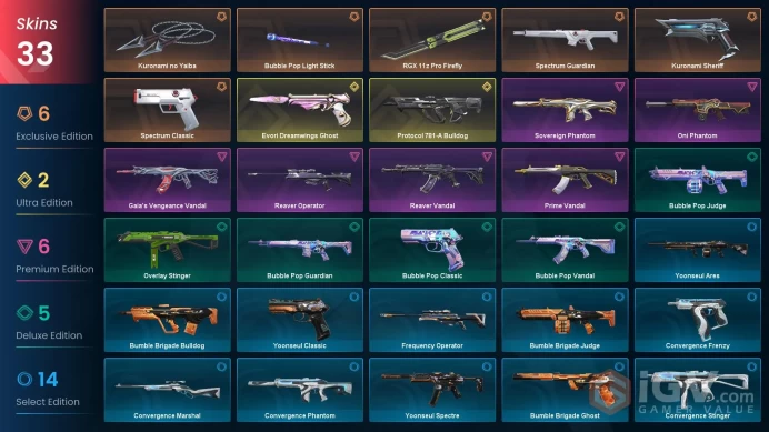 NA | 33 Skins | Platinum | VP Value 35025 | Kuronami no Yaiba | RGX 11z Pro Firefly | Spectrum Guardian | Level 68 | 2 Battlepasses |