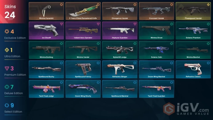 NA | 24 Skins | VP Value 26915 | Minima Bundle | 5 Years Beta Knife | Kuronami Vandal | 2 Battlepasses | Full Access | Full Details Below!
