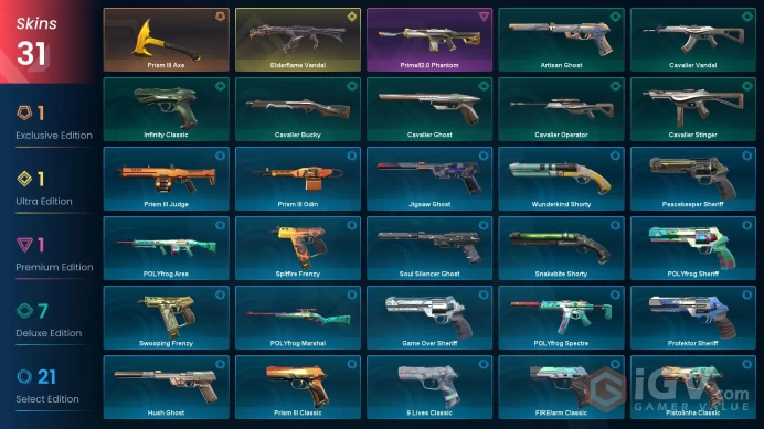 EU Full Access | 31 Skins Prism III Axe +  Elderflame Vandal + Prime//2.0 Phantom + Artisan Ghost + Protektor Sheriff + more