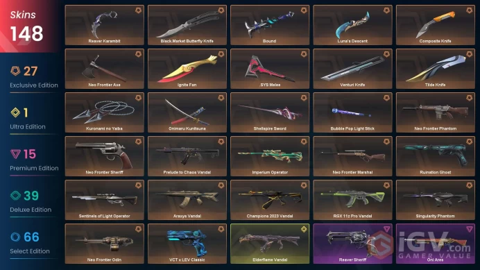VALORANT EU WEST SERVER 148 SKİNS(+14 KNİFE, İGNİTA FAN , KURONAMİ NO YAİBA, CHAMPİONS 2023 VANDAL )AUTO DELIVERY FULL ACCESS-LIFETIME WARRANT